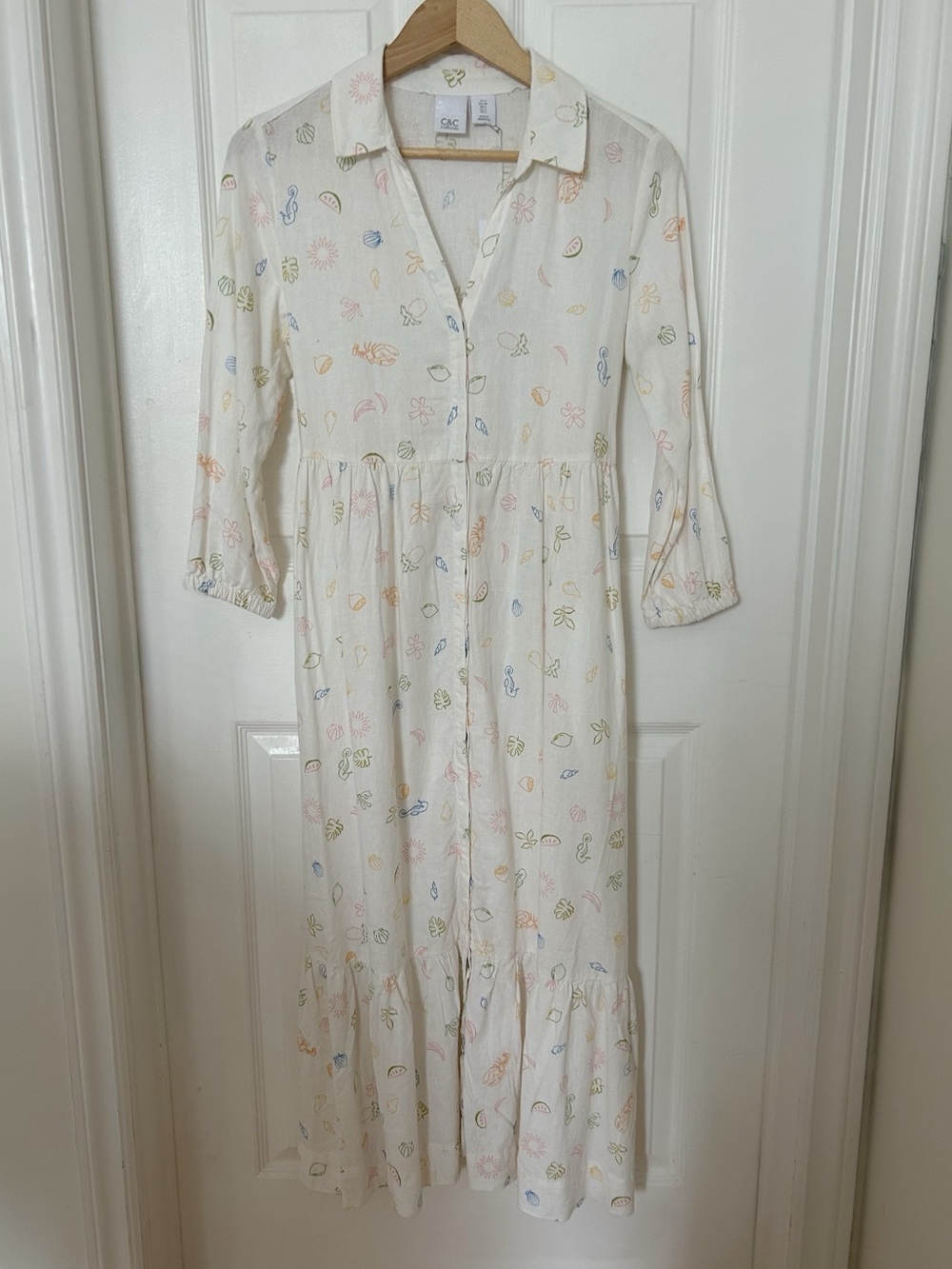 Preppy White Linen Maxi Dress with Nautical Inspired Print